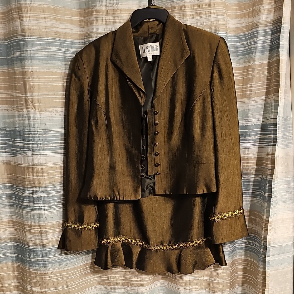 Julian Taylor Olive Brown Cropped Blazer and Skirt Set